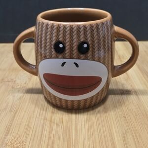 Retro Knitted Sock Monkey Ceramic Dual Handled Mug ~  Dual-Sided ~ By GALERIE